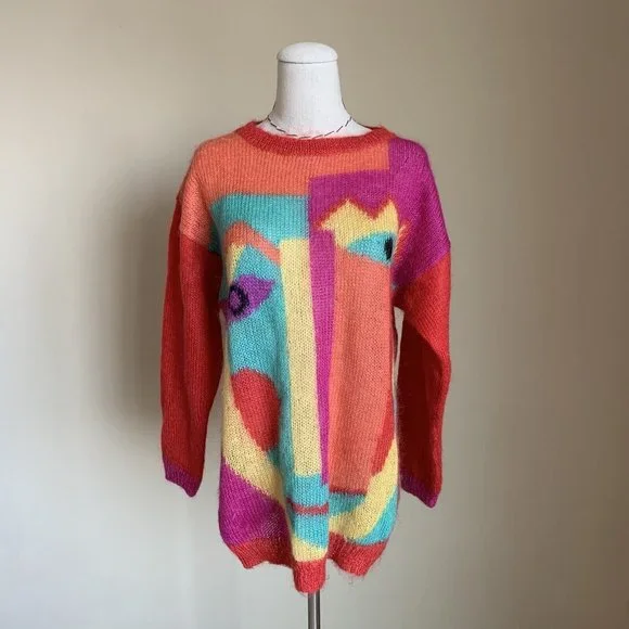 Vintage 80s Renee Tener For Jeanne Pierre Mohair Picasso Art Graphic Sweater M - Picture 2 of 12